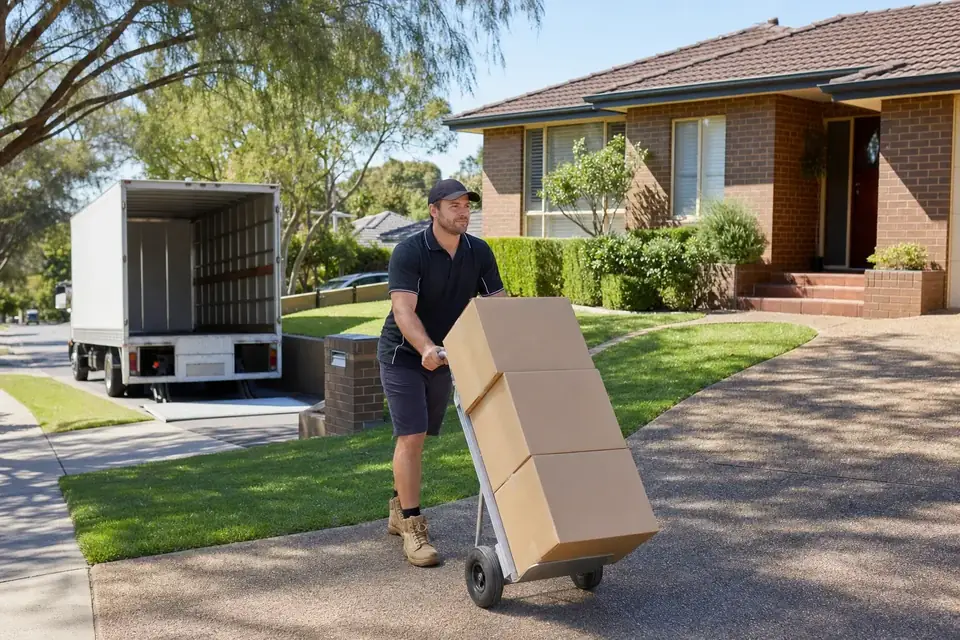 Perth removalist wheeling a trolley of plain moving boxes up the driveway of a neat established brick home in Cannington with the plain removals truck at the kerb