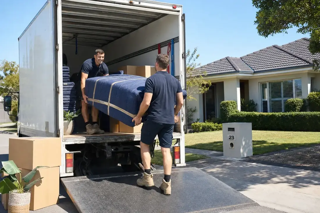 Two Perth removalists calmly loading wrapped furniture and labelled boxes into a plain truck outside a tidy Cannington family home on a bright day
