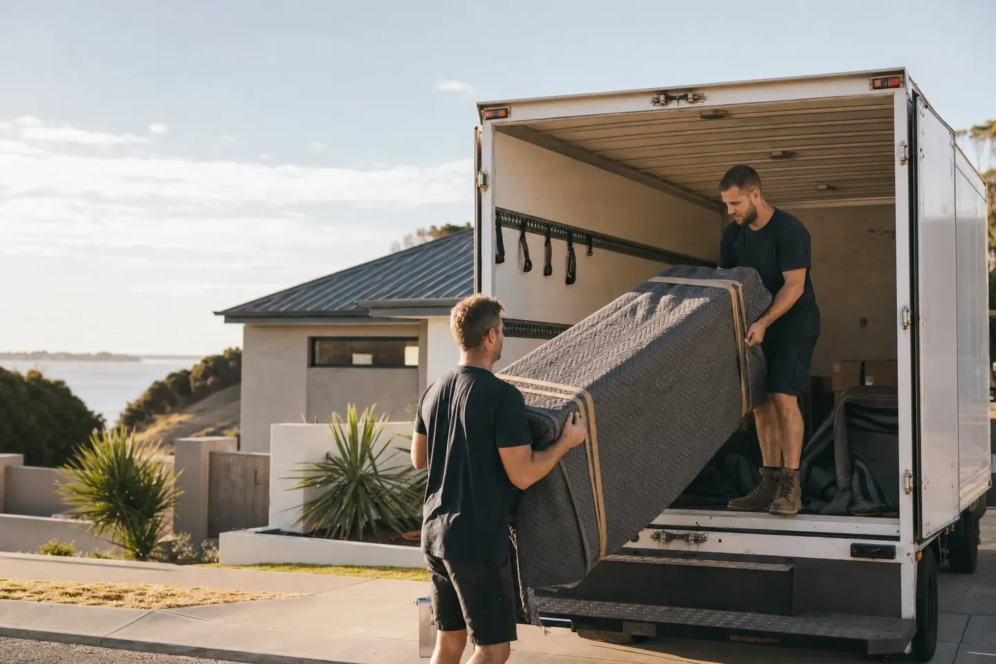 Two Perth removalists loading wrapped furniture into a truck outside a contemporary home in a Cockburn coastal estate under an open sky