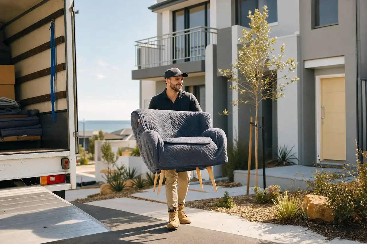 Perth removalist carrying a wrapped armchair from a modern two-storey home in a new Cockburn coastal estate with the removals truck at the kerb