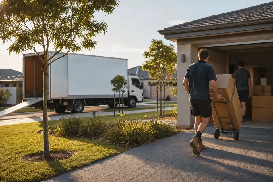 Perth removalist wheeling plain moving boxes into a new single-storey family home in an Aubin Grove style Cockburn estate