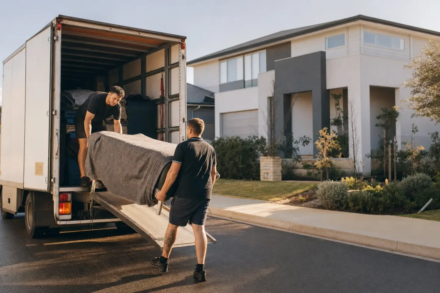 Two Perth removalists loading wrapped furniture into a truck outside a modern Ellenbrook family home on a wide planned street