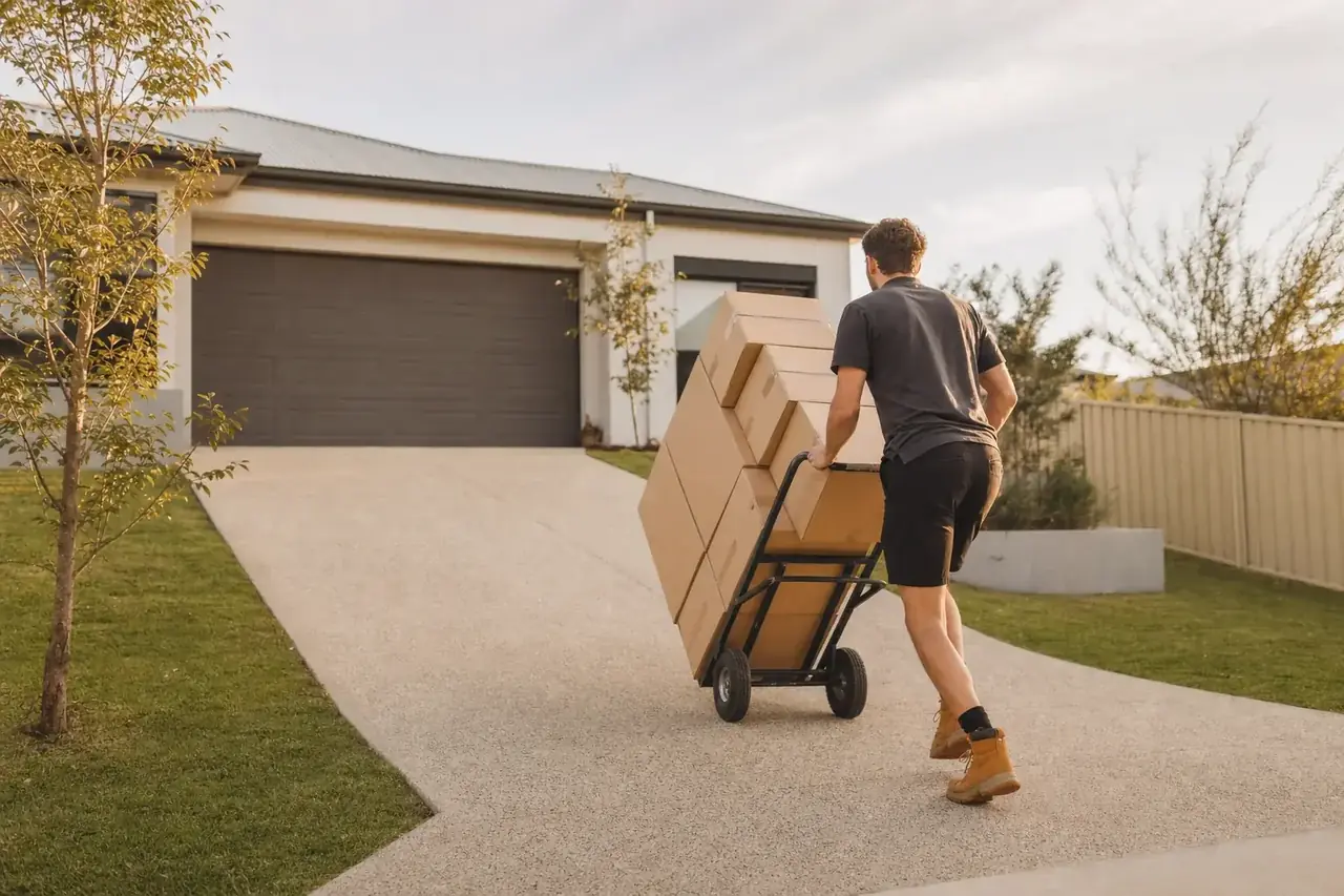 Perth removalist wheeling a trolley of plain moving boxes up the driveway of a spacious double-garage family home in an Ellenbrook estate
