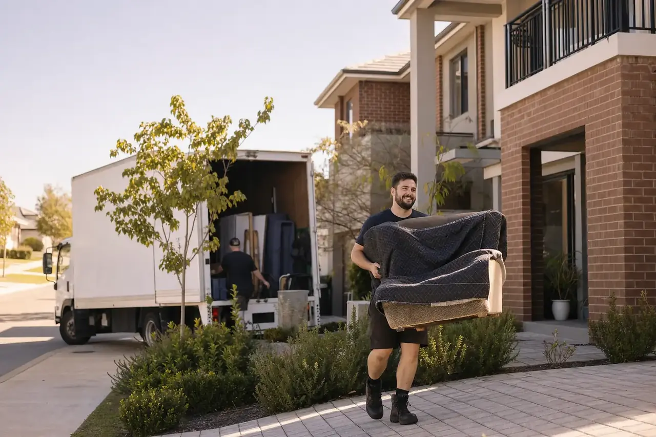 Perth removalist carrying a wrapped armchair down the driveway of a large modern family home in the master-planned Ellenbrook estate with the truck at the kerb