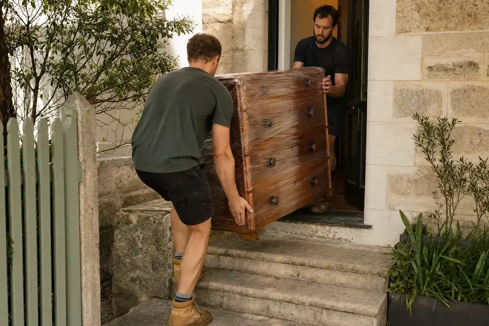 Two Perth removalists easing a wrapped antique chest of drawers through the narrow doorway and down the limestone steps of a Fremantle character cottage