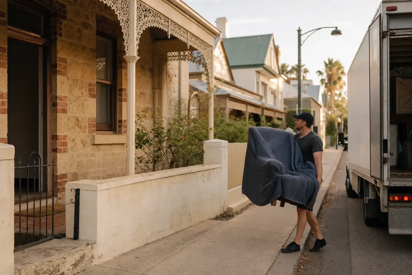 Perth removalist carrying a wrapped armchair out of a heritage limestone cottage on a narrow Fremantle street with the removals truck at the kerb