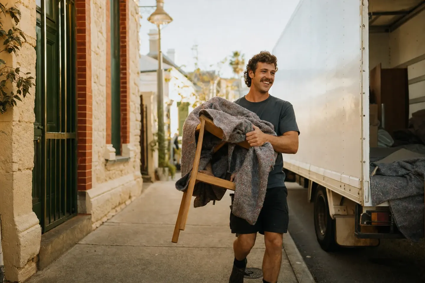 Perth removalist carrying a blanket-wrapped dining chair along a narrow Fremantle West End heritage street with a removals truck at the kerb
