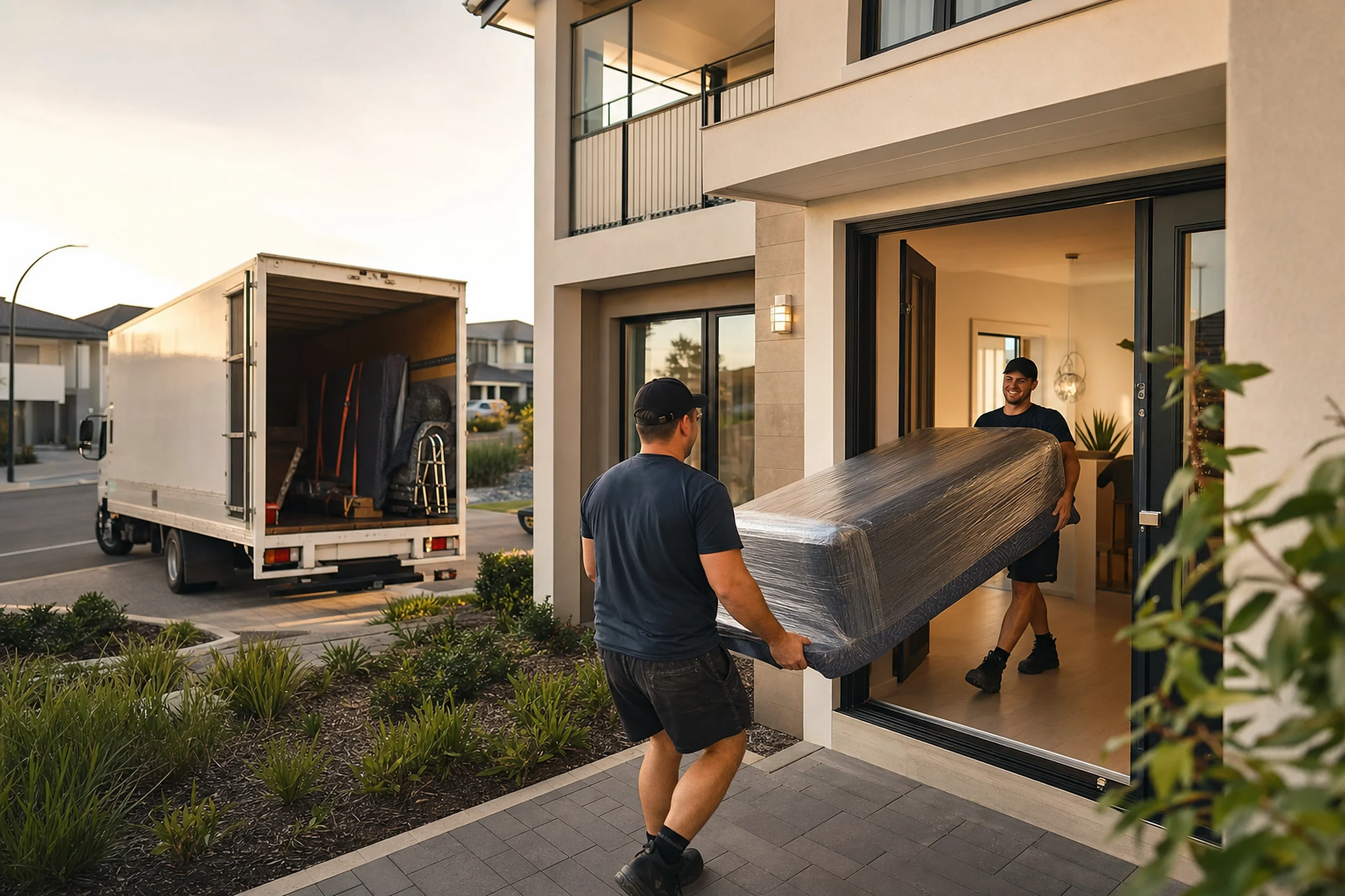 Perth removalists moving wrapped furniture into a new double-storey estate home in Hammond Park with the removals truck on the street