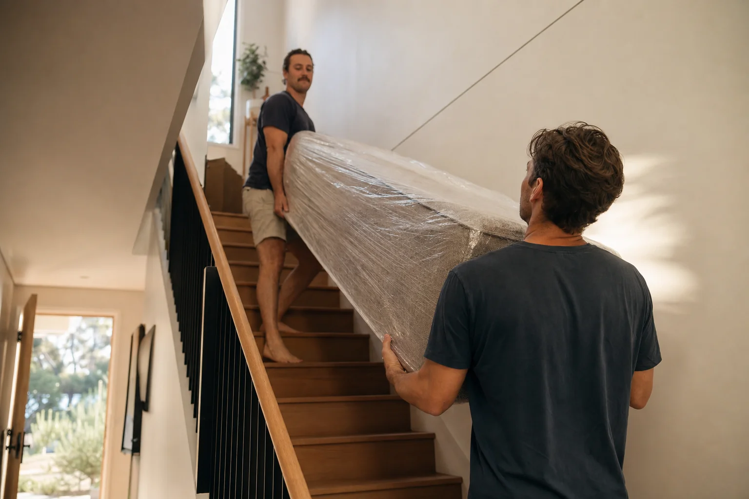 Two Perth removalists carrying a wrapped modular lounge up the internal staircase of a modern double-storey Hammond Park home