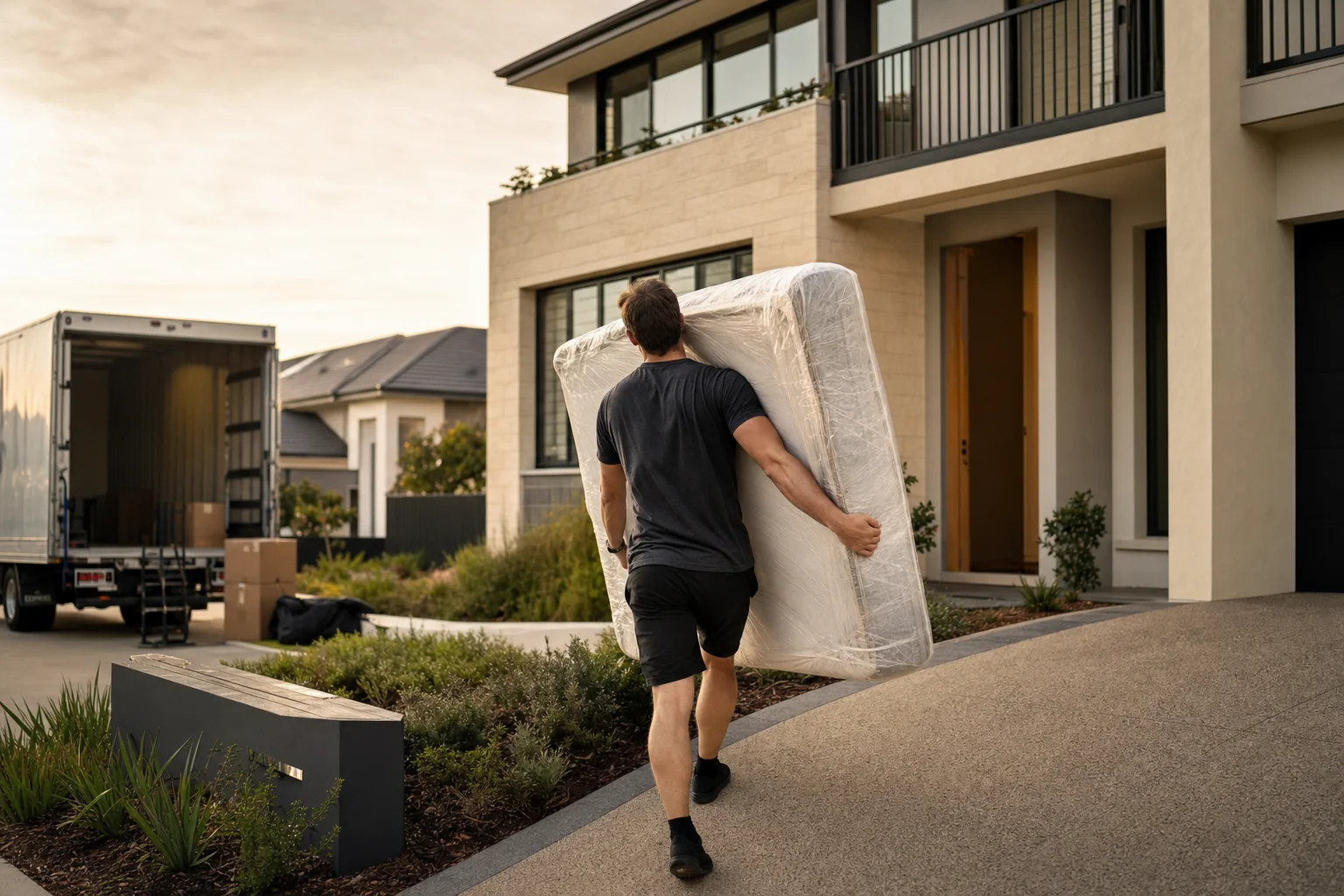 Perth removalist carrying a wrapped mattress up the driveway of a new double-storey estate home in Hammond Park