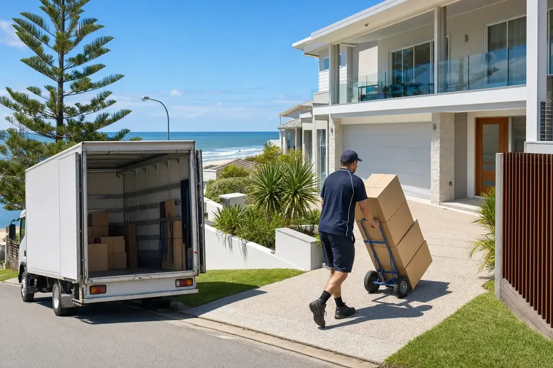 Perth removalist wheeling a trolley of plain moving boxes up the driveway of a contemporary coastal home in Hillarys with the plain removals truck at the kerb