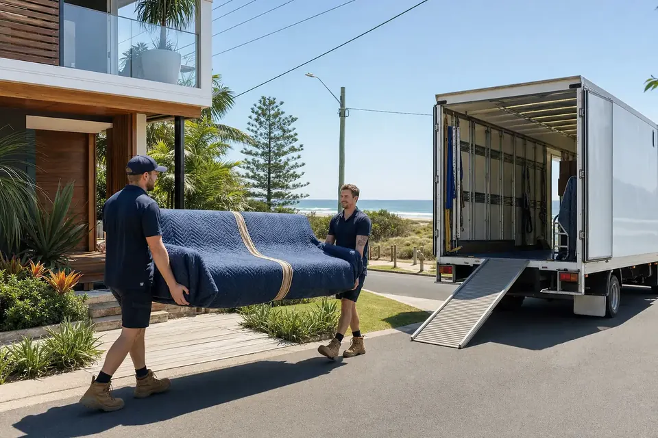 Two Perth removalists carrying a wrapped sofa from a modern coastal family home near the beach in Hillarys with the plain removals truck on the street