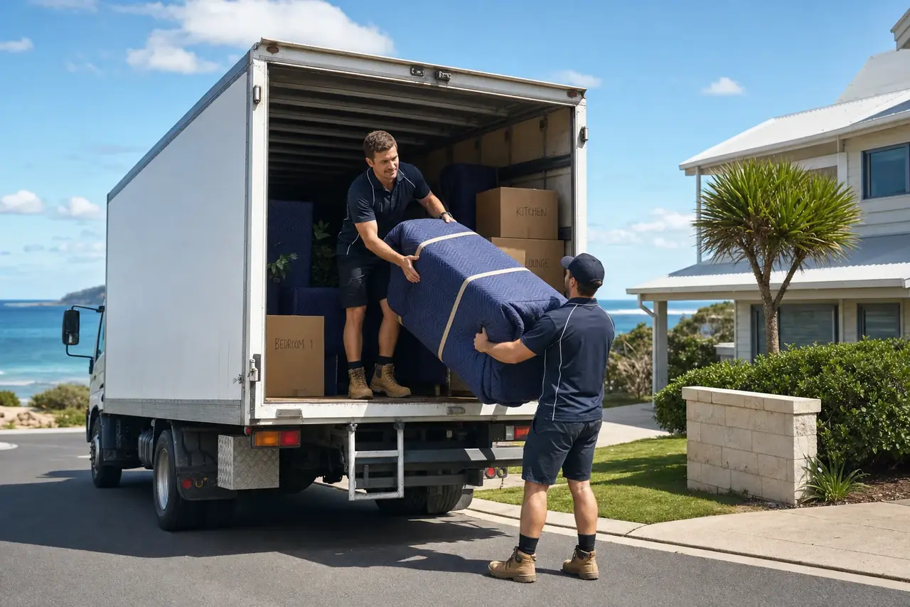 Two Perth removalists calmly loading wrapped furniture and labelled boxes into a plain truck outside a tidy coastal home in Hillarys on a bright day