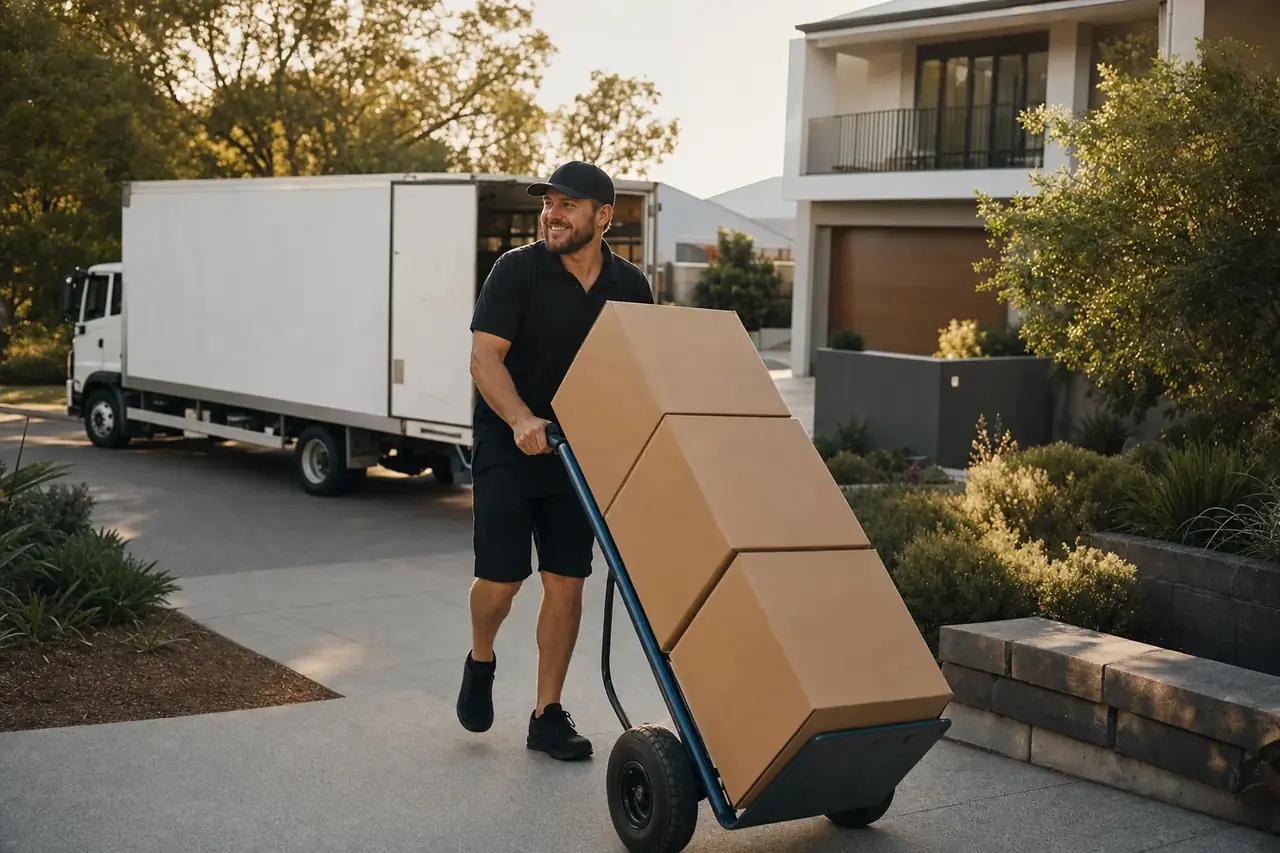 Perth removalist wheeling a trolley of moving boxes up the driveway of a modern double-storey home in a new Joondalup estate with the removals truck on the street