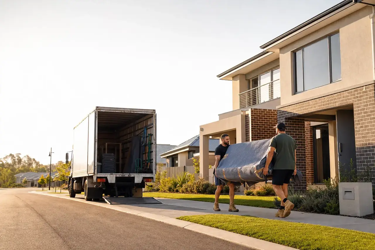 Two Perth removalists carrying a wrapped sofa from a modern double-storey family home in a new Joondalup estate with the removals truck on the street