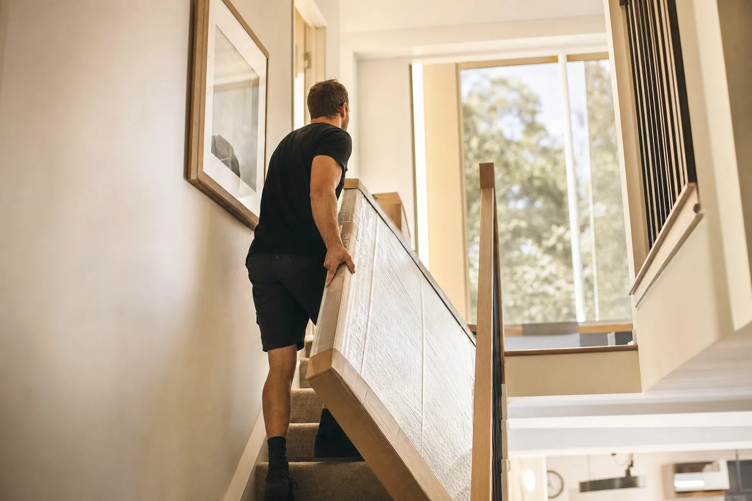 Perth removalist carefully carrying a wrapped flat-pack wardrobe up the internal staircase of a modern double-storey Joondalup home