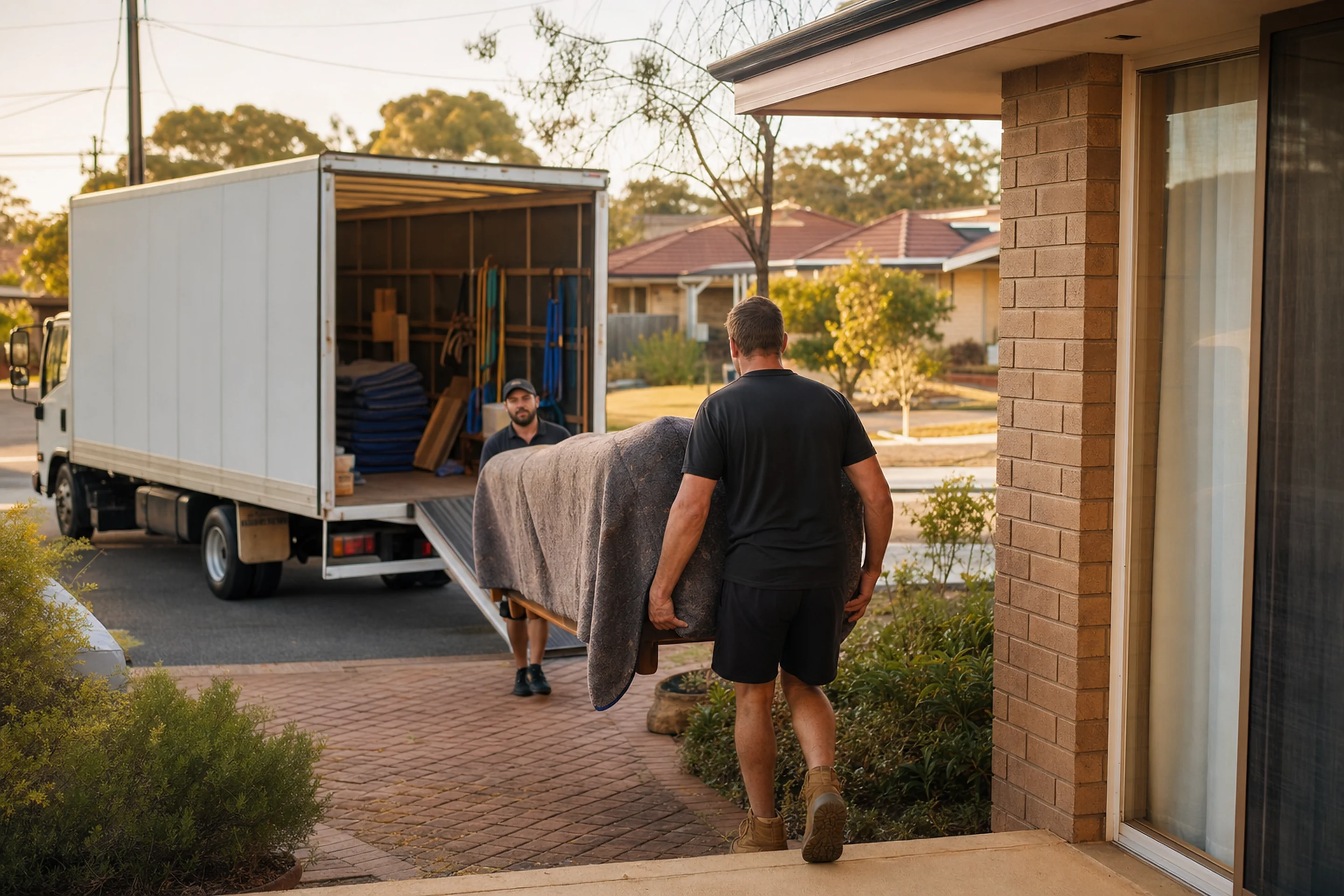 Perth removalist carrying a wrapped sofa out of a single-storey brick family home on a Kwinana street with the removals truck at the kerb