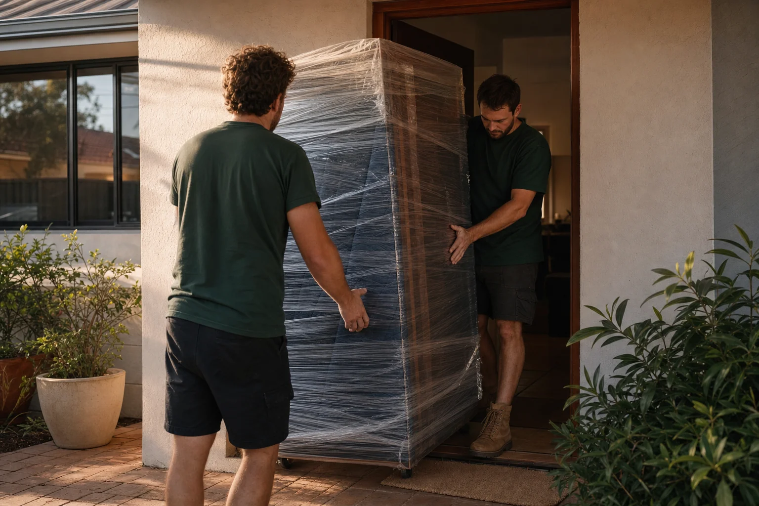 Two Perth removalists carefully easing a wrapped wardrobe through the front doorway of a single-storey Kwinana family home