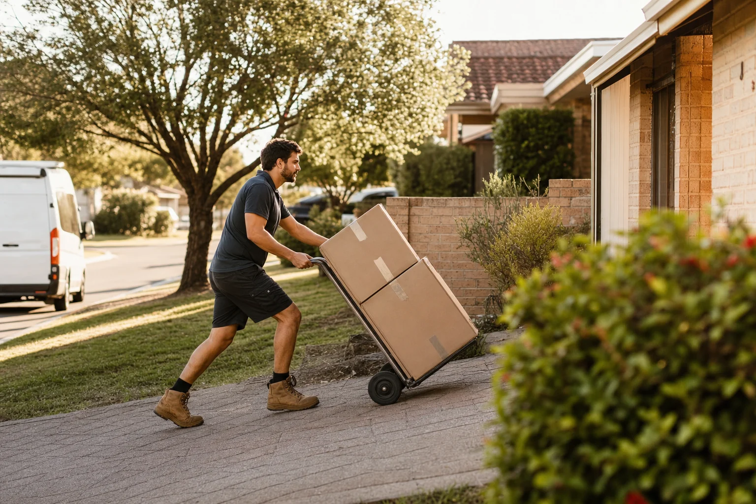 Perth removalist wheeling a trolley of moving boxes up the driveway of a brick family home in Kwinana with the removals truck on the street