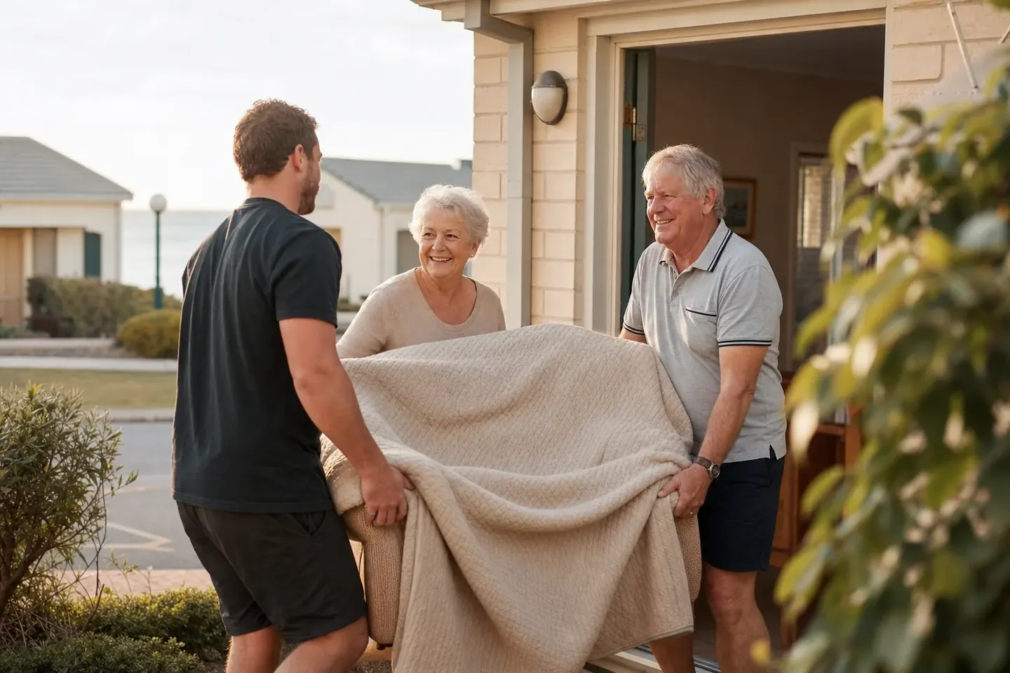 Perth removalist helping an older couple, carrying a wrapped armchair from a tidy single-storey retirement villa in Mandurah