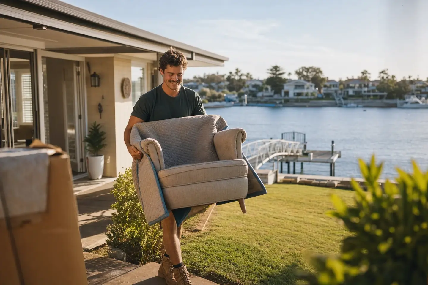 Perth removalist carrying a wrapped armchair from a single-storey canal-front home in Mandurah with the estuary and a jetty behind