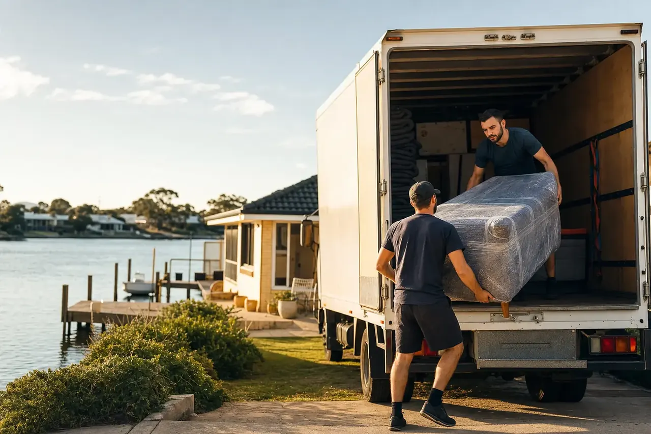 Two Perth removalists loading wrapped furniture into a truck outside a single-storey canal-front home in Mandurah with the estuary behind