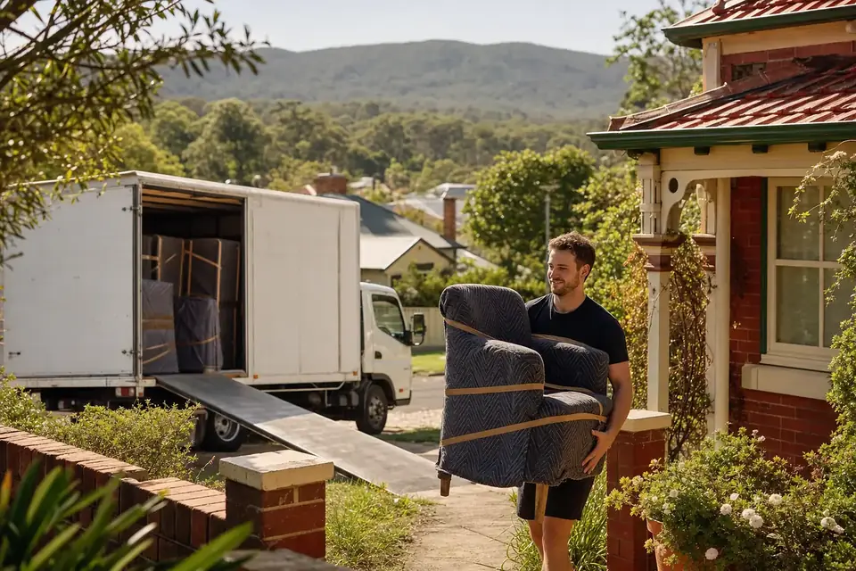 Perth removalist carrying a wrapped chair from an older renovated brick home in Midland with the green Darling Range hills in the distance