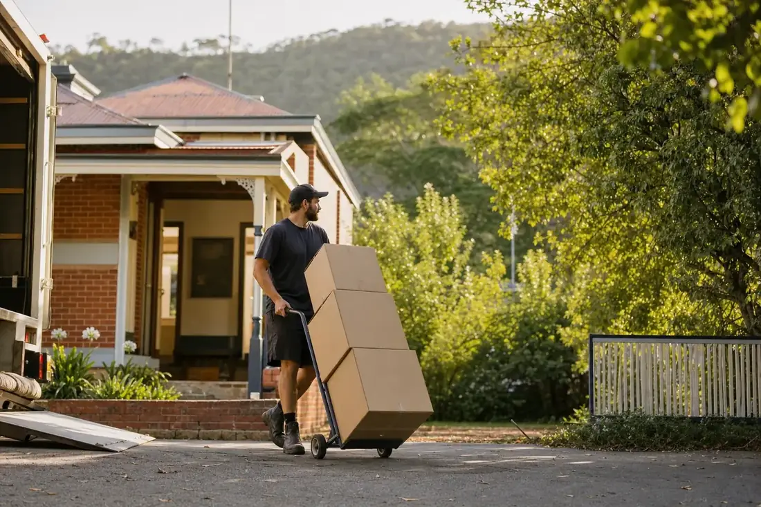 Perth removalist wheeling plain moving boxes out of a renovated older brick home in Midland with the hills behind