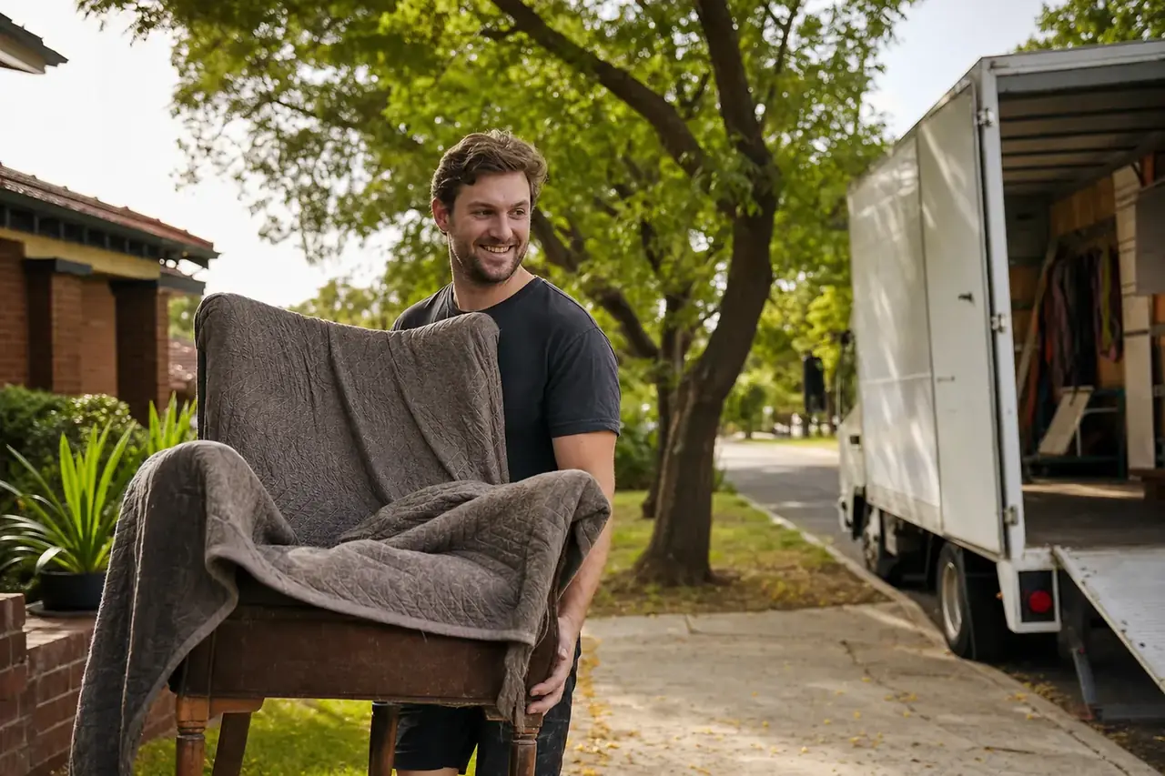 Perth removalist carrying a wrapped armchair from a neat brick-and-tile home on an established leafy Morley street with the truck at the kerb