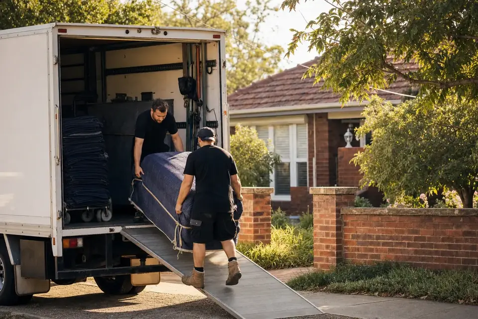 Two Perth removalists loading wrapped furniture into a truck outside a brick home on a leafy established Morley street