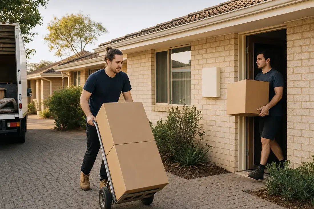 Perth removalist wheeling plain moving boxes out of a single-storey brick villa unit in a small group of units in Morley