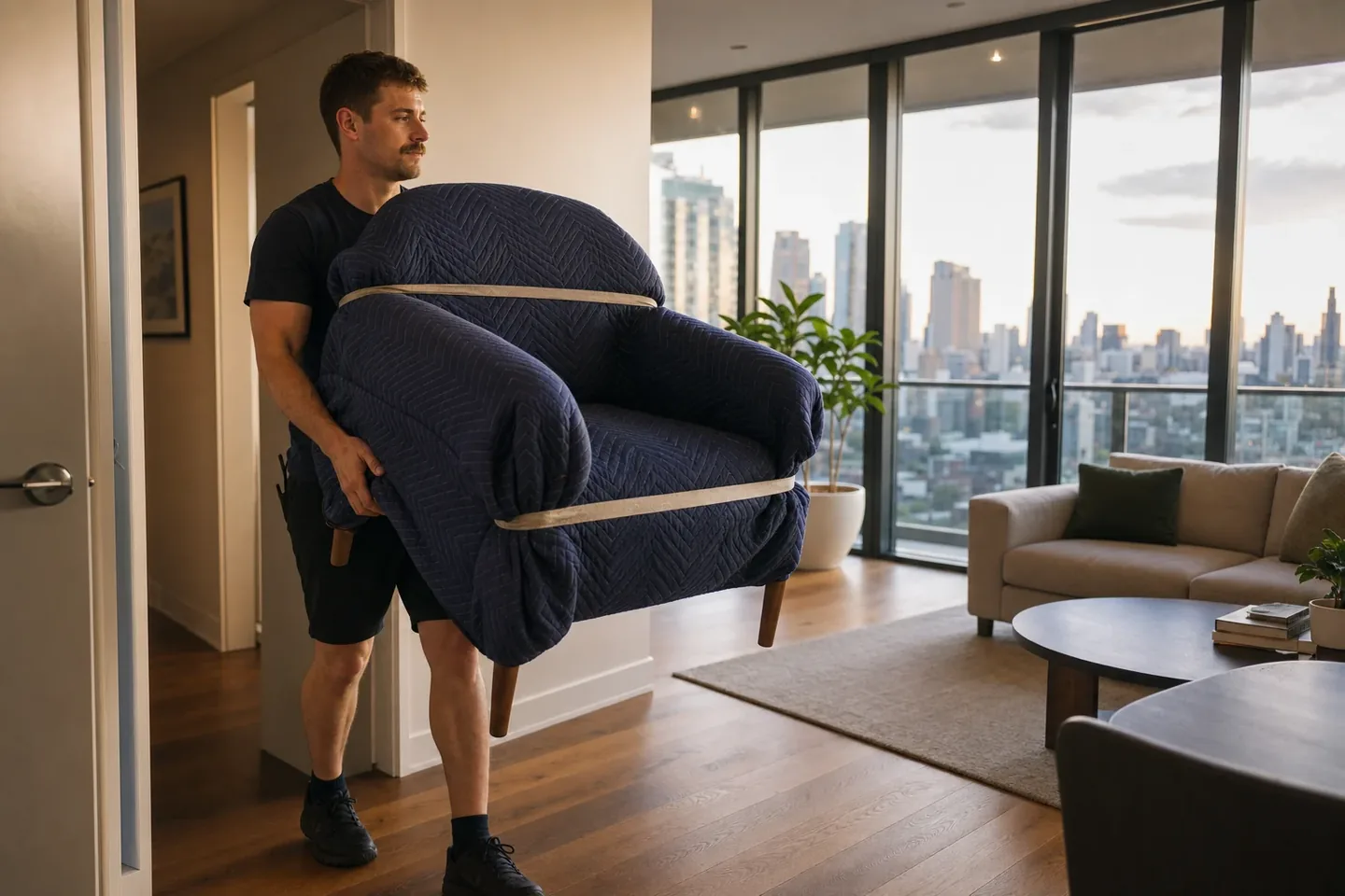 Perth removalist carrying a wrapped armchair into a modern city apartment with floor-to-ceiling windows and a skyline view