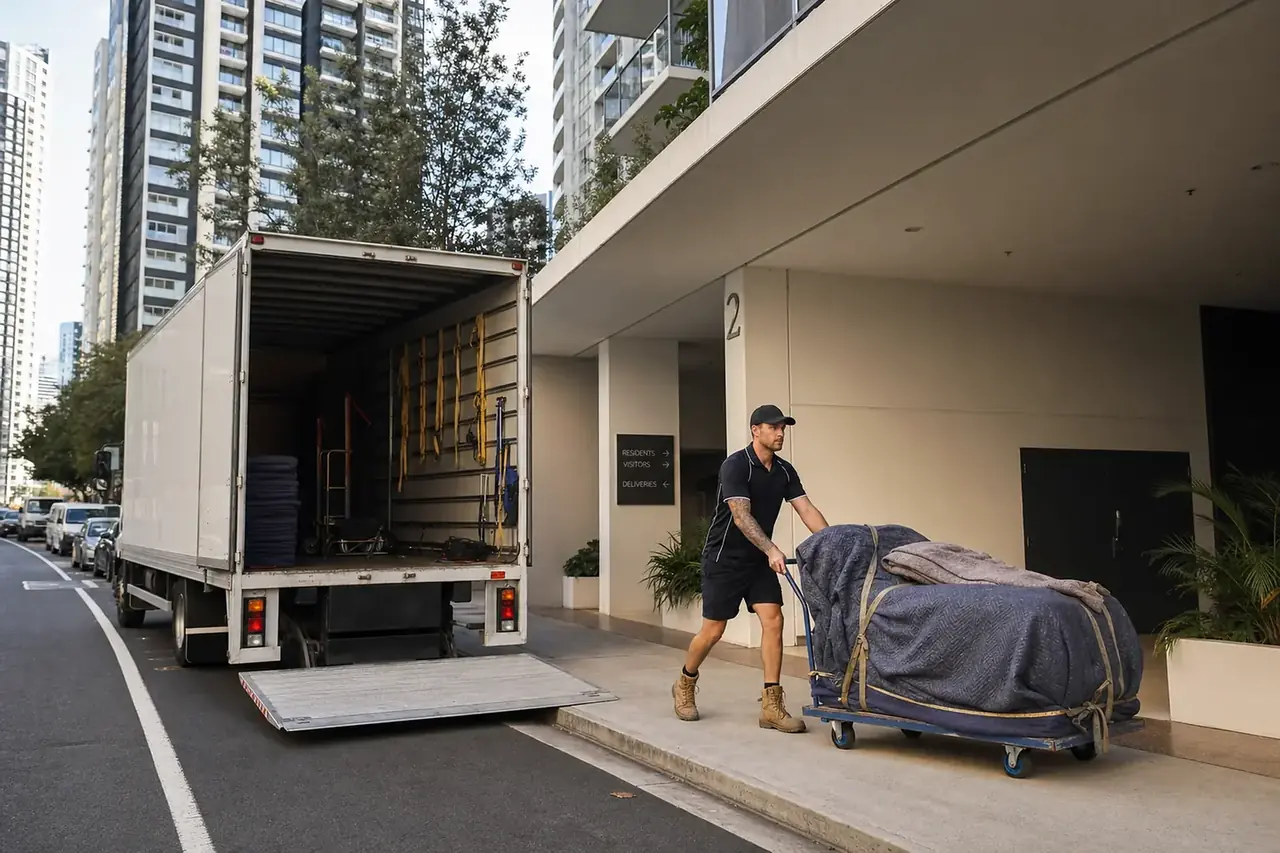 A Perth removalist wheeling a trolley of wrapped furniture through the loading area of a city high-rise apartment building with the plain removals truck at the kerb