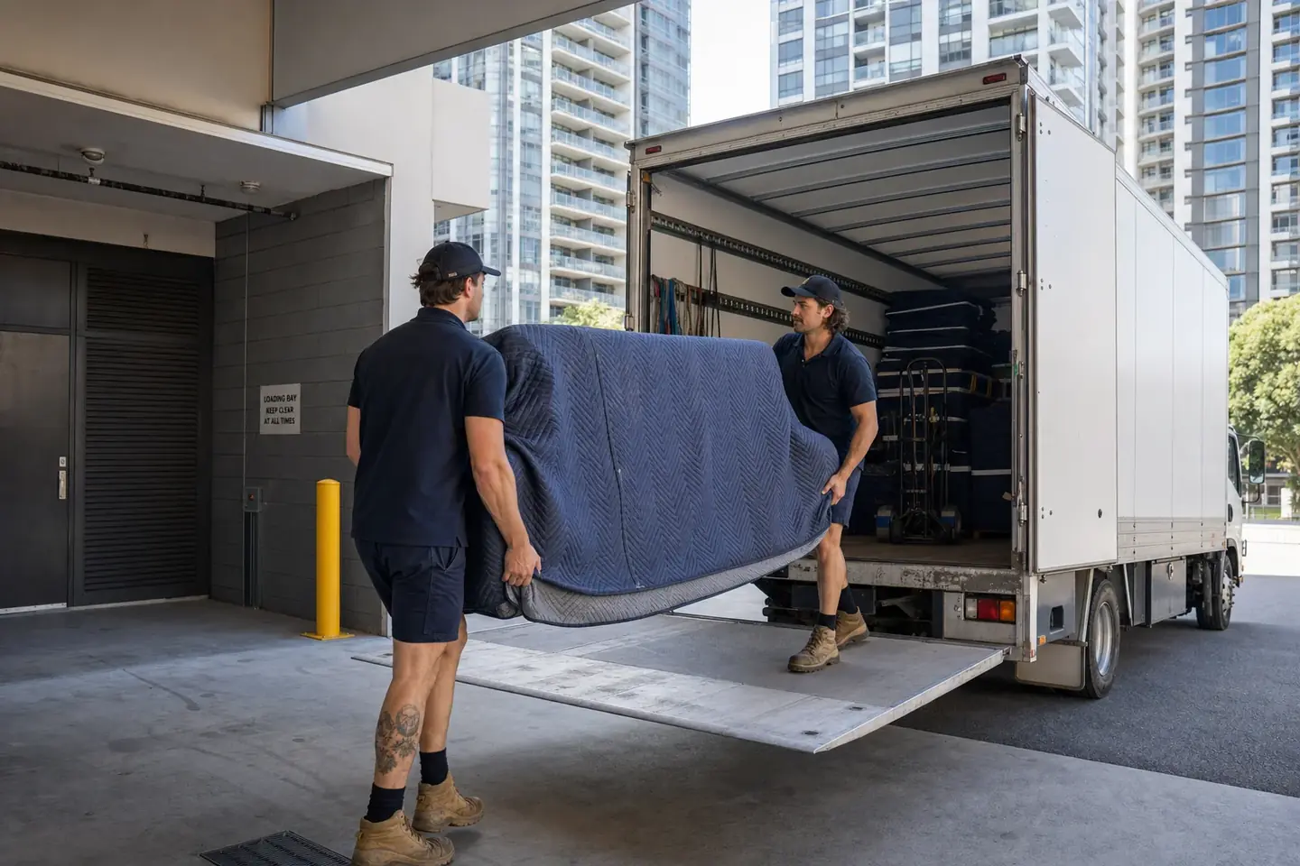 Two Perth removalists loading wrapped furniture into a plain truck at a city apartment building loading bay with high-rise towers behind