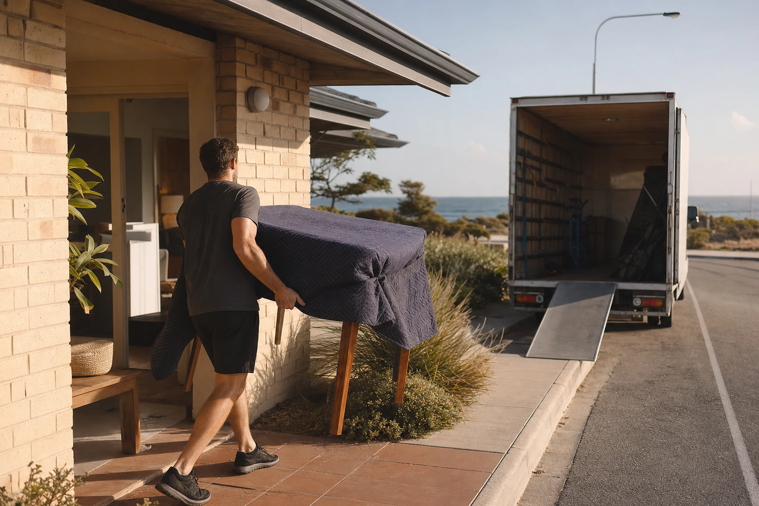 Perth removalist carrying a wrapped dining table out of a single-storey coastal home in Port Kennedy with the removals truck at the kerb