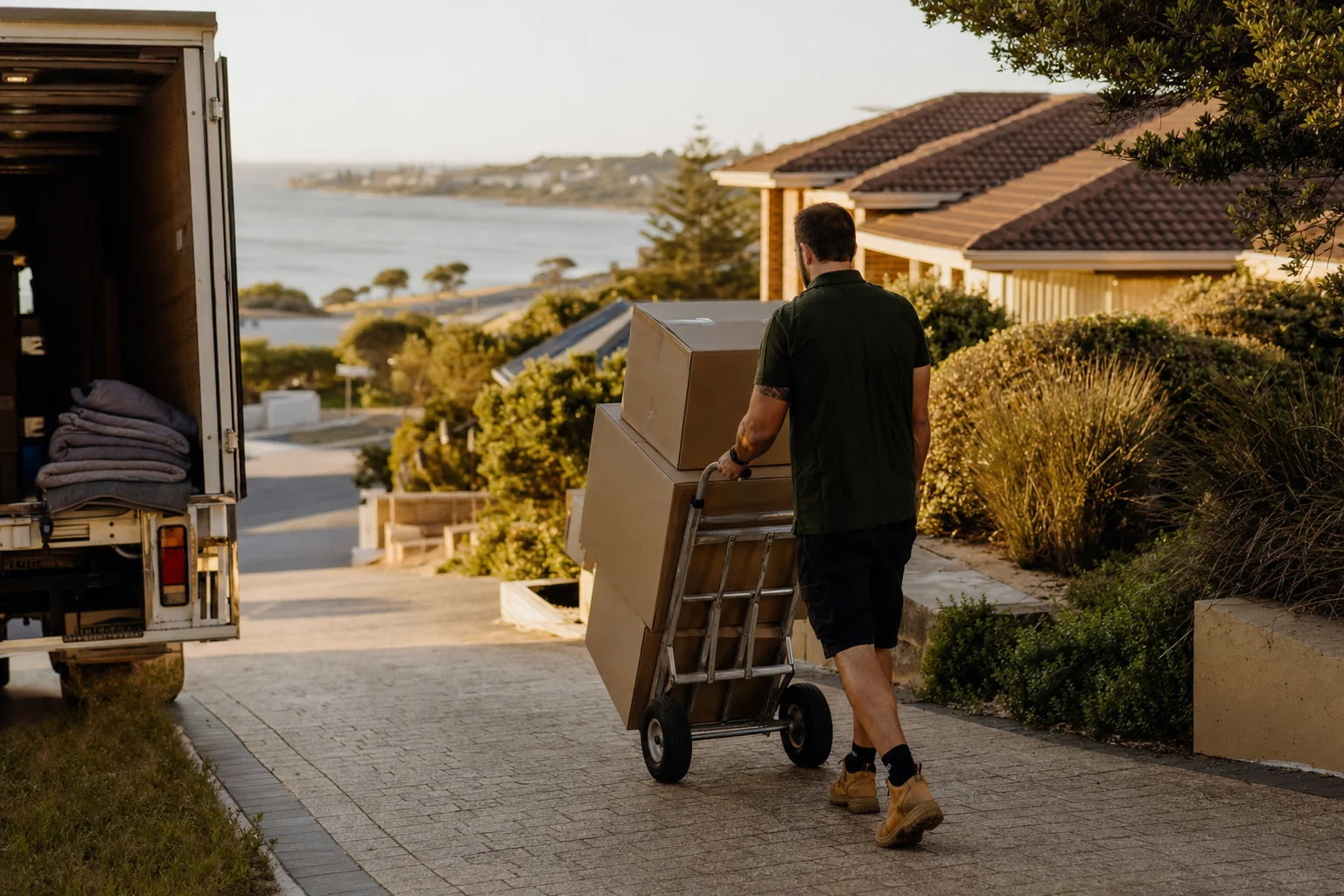 Perth removalist wheeling a trolley of moving boxes down the driveway of a suburban coastal home in Port Kennedy