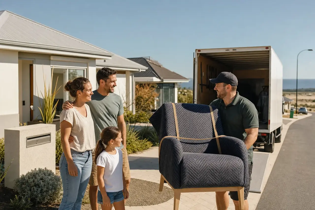 Perth removalist with a young family carrying a wrapped lounge chair outside their new single-storey home in a Baldivis estate near Rockingham