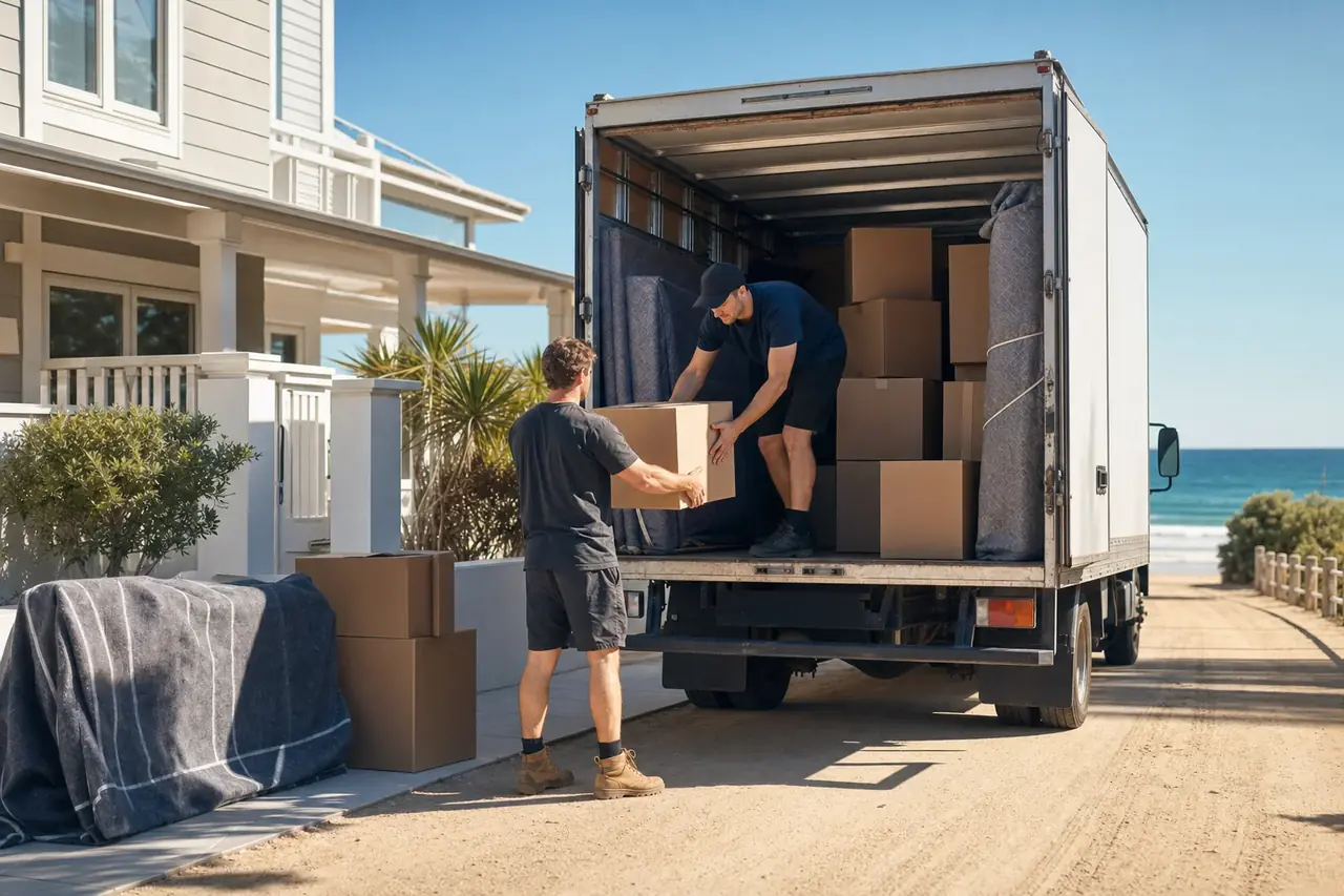 Two Perth removalists calmly loading labelled boxes and wrapped furniture into a truck outside a tidy coastal Rockingham home on a bright day