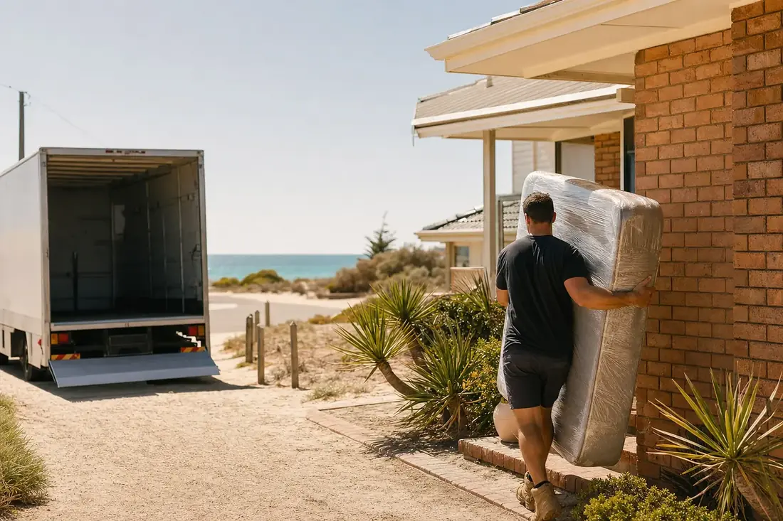 Perth removalist carrying a wrapped mattress from a low brick coastal family home near the beach in Rockingham with the removals truck on the street