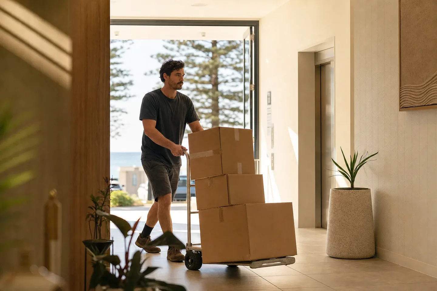Perth removalist carrying wrapped furniture into a Scarborough apartment unit
