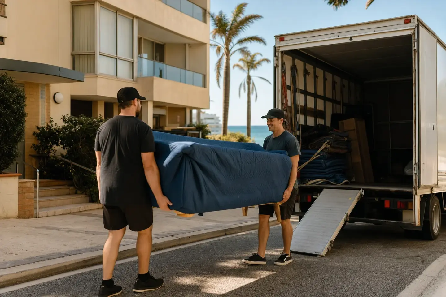 Two Perth removalists carrying a wrapped sofa to a truck outside a Scarborough beachside apartment building with palms and blue sky