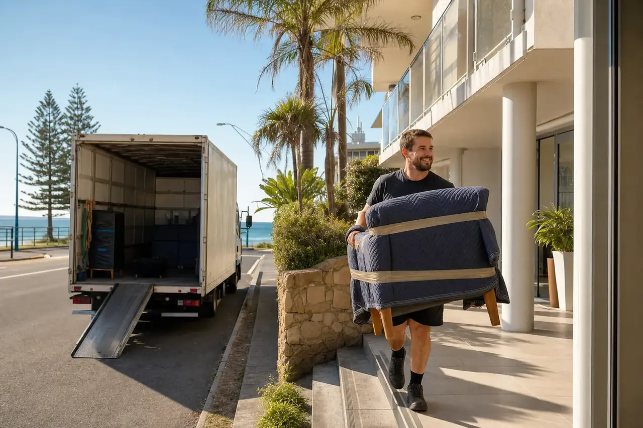 Perth removalist carrying a wrapped armchair out of a modern beachside apartment building near Scarborough Beach with the truck at the kerb