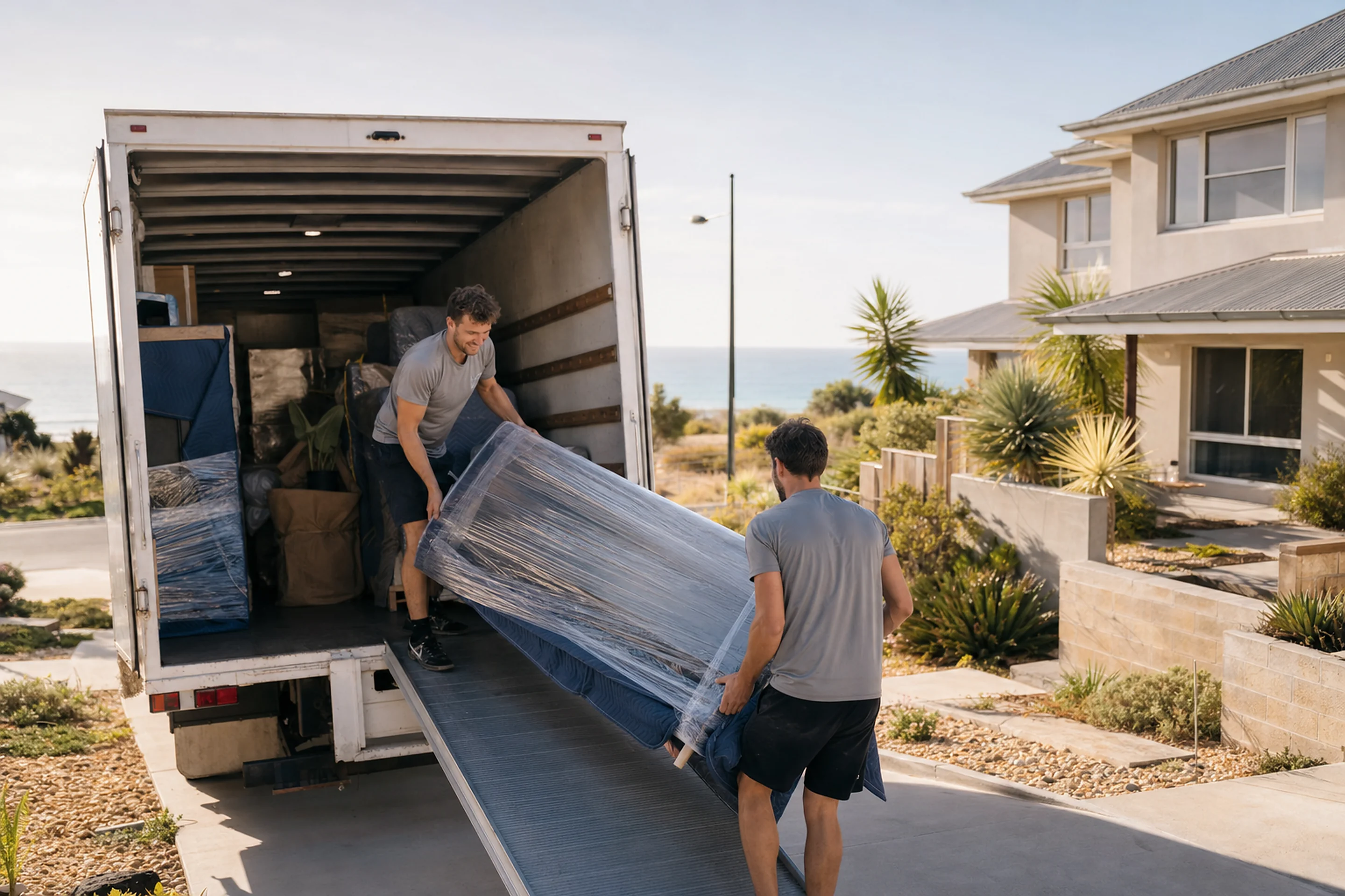 Perth removalists unloading wrapped furniture from a removals truck outside a modern coastal family home in Secret Harbour