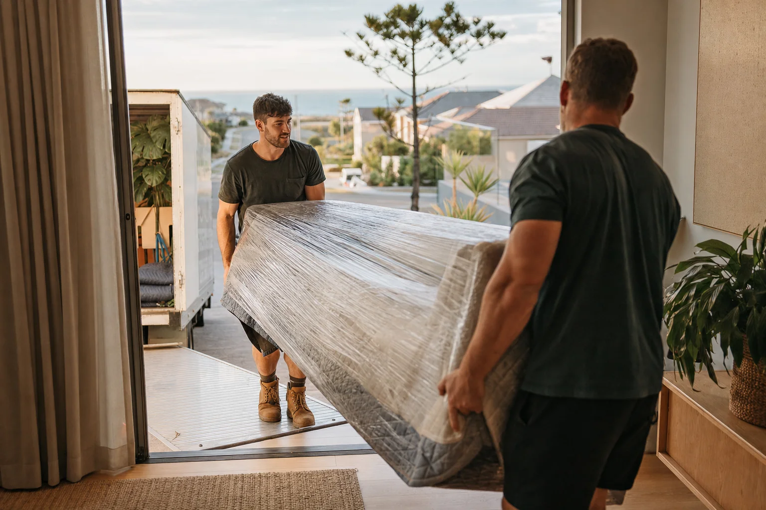 Two Perth removalists carrying a wrapped lounge into a bright modern coastal home in Secret Harbour