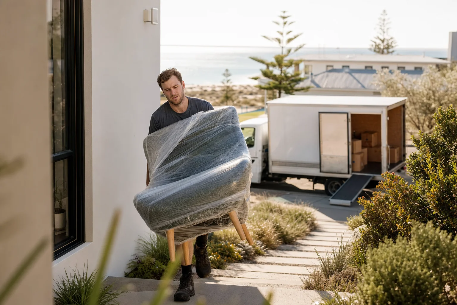 Perth removalist carrying a wrapped armchair up the path of a modern coastal home on a sunny Secret Harbour street