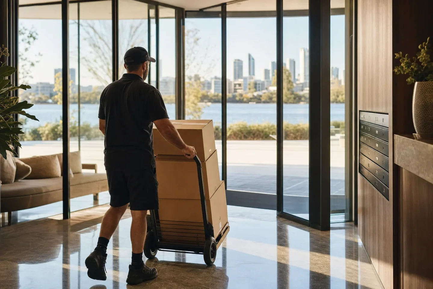 Perth removalist wheeling a trolley of plain moving boxes into the polished lobby of a modern riverside apartment building in South Perth