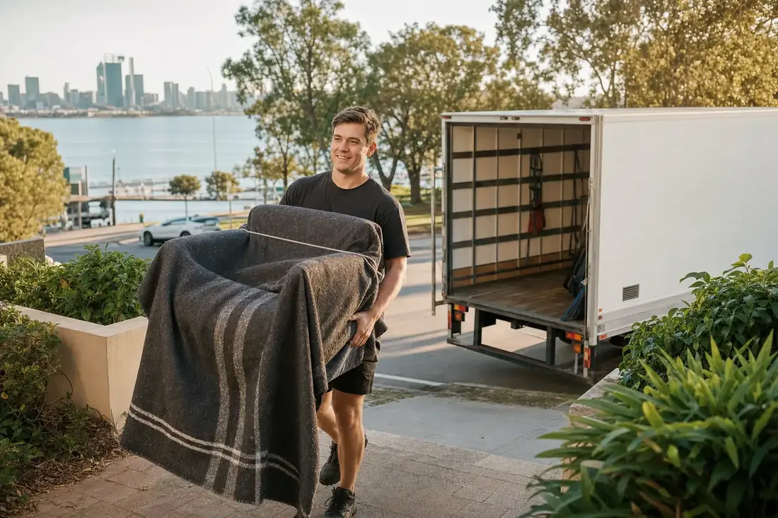 Perth removalist carrying a wrapped armchair from a riverside South Perth apartment building with the Swan River and city skyline behind