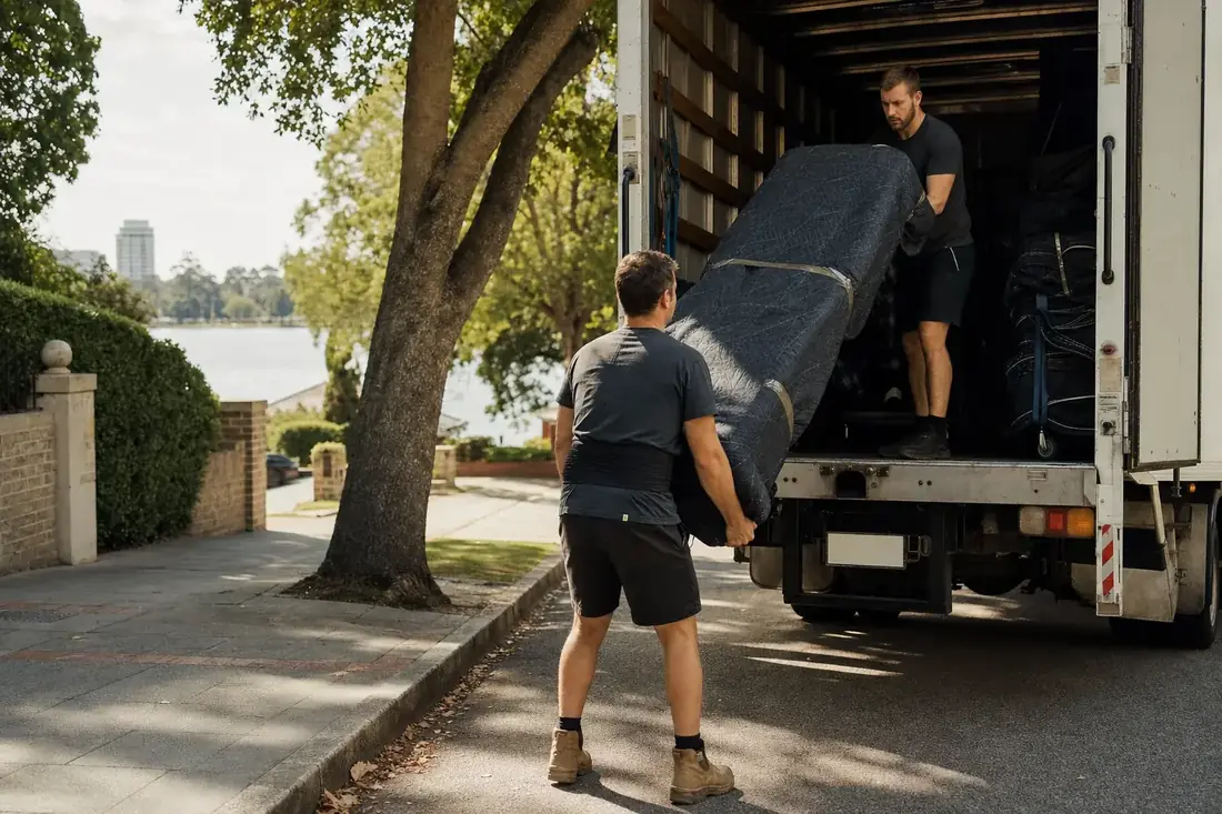 Two Perth removalists loading wrapped furniture into a truck on a narrow leafy South Perth street near the river
