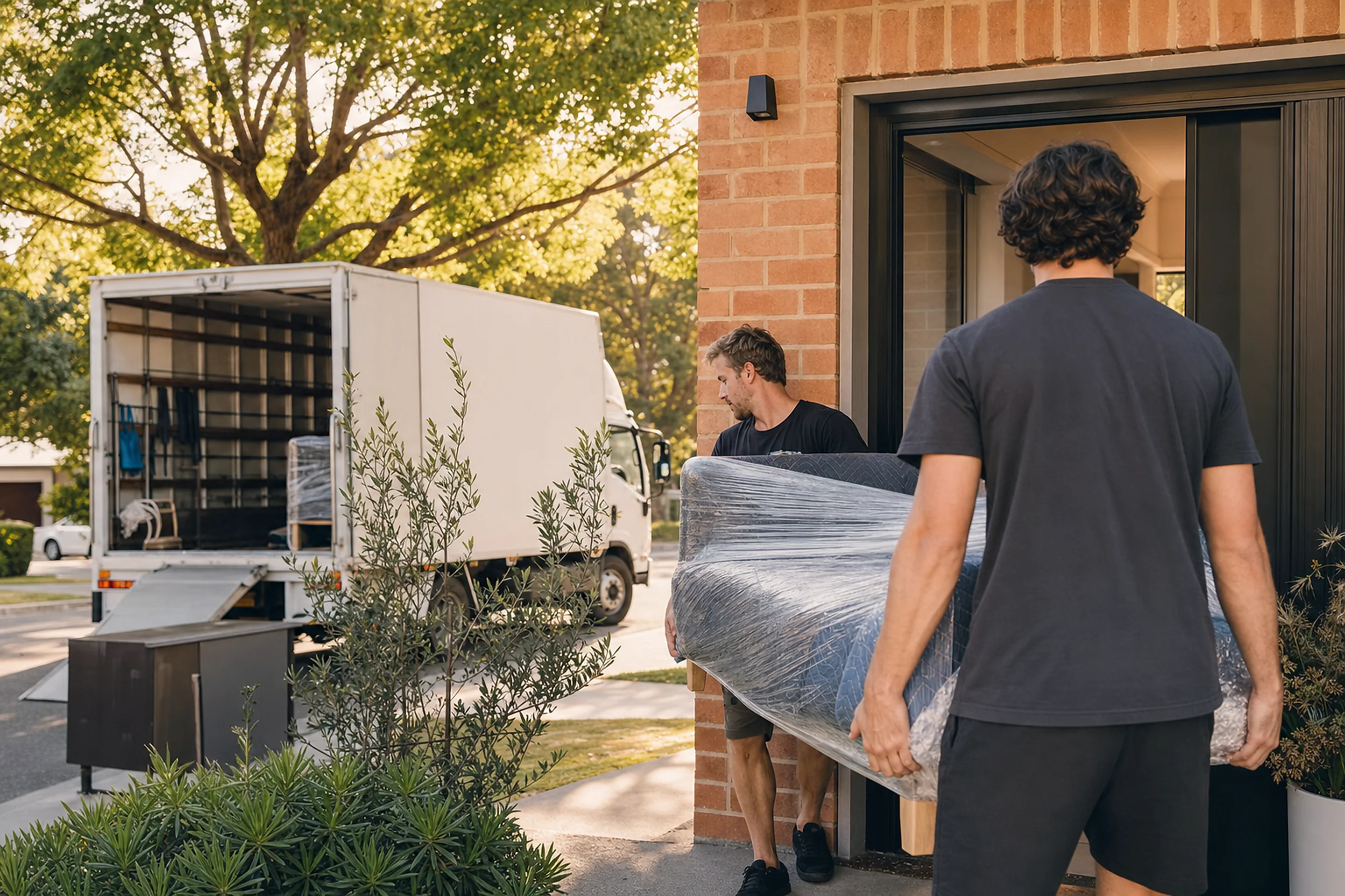 Perth removalists carrying wrapped furniture into a modern brick family home on a leafy Success street with the removals truck parked outside