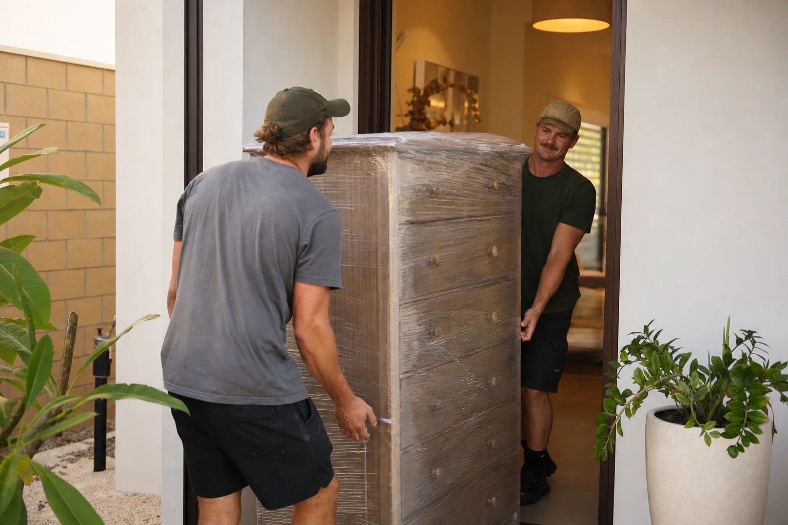 Two Perth removalists easing a wrapped chest of drawers through the doorway of a modern Success family home